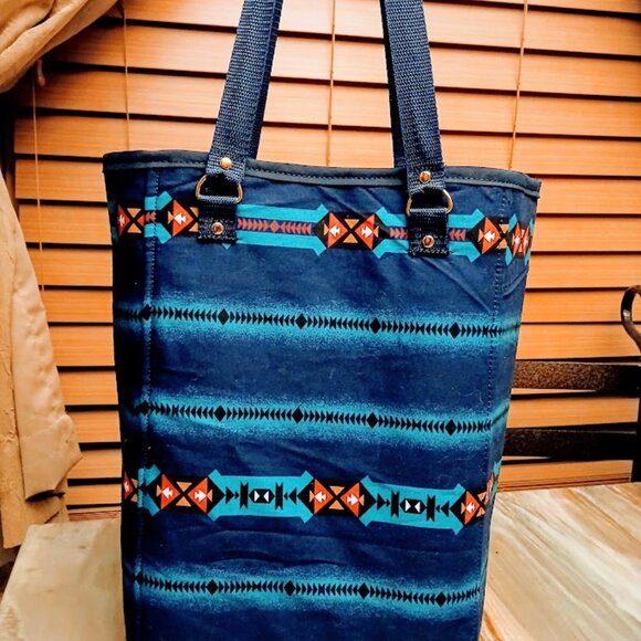 New Southwestern Tote Shopper shoulder Bag Blue Teal Carryall Sarape stripe - Picture 6 of 8